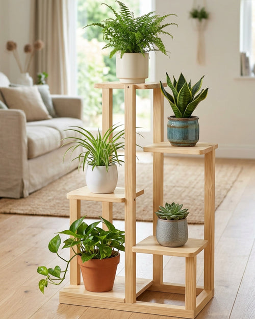 Xvoa Five-Tier Staggered Pine Plant Stand 100 x 95 cm Natural - Lifestyle view