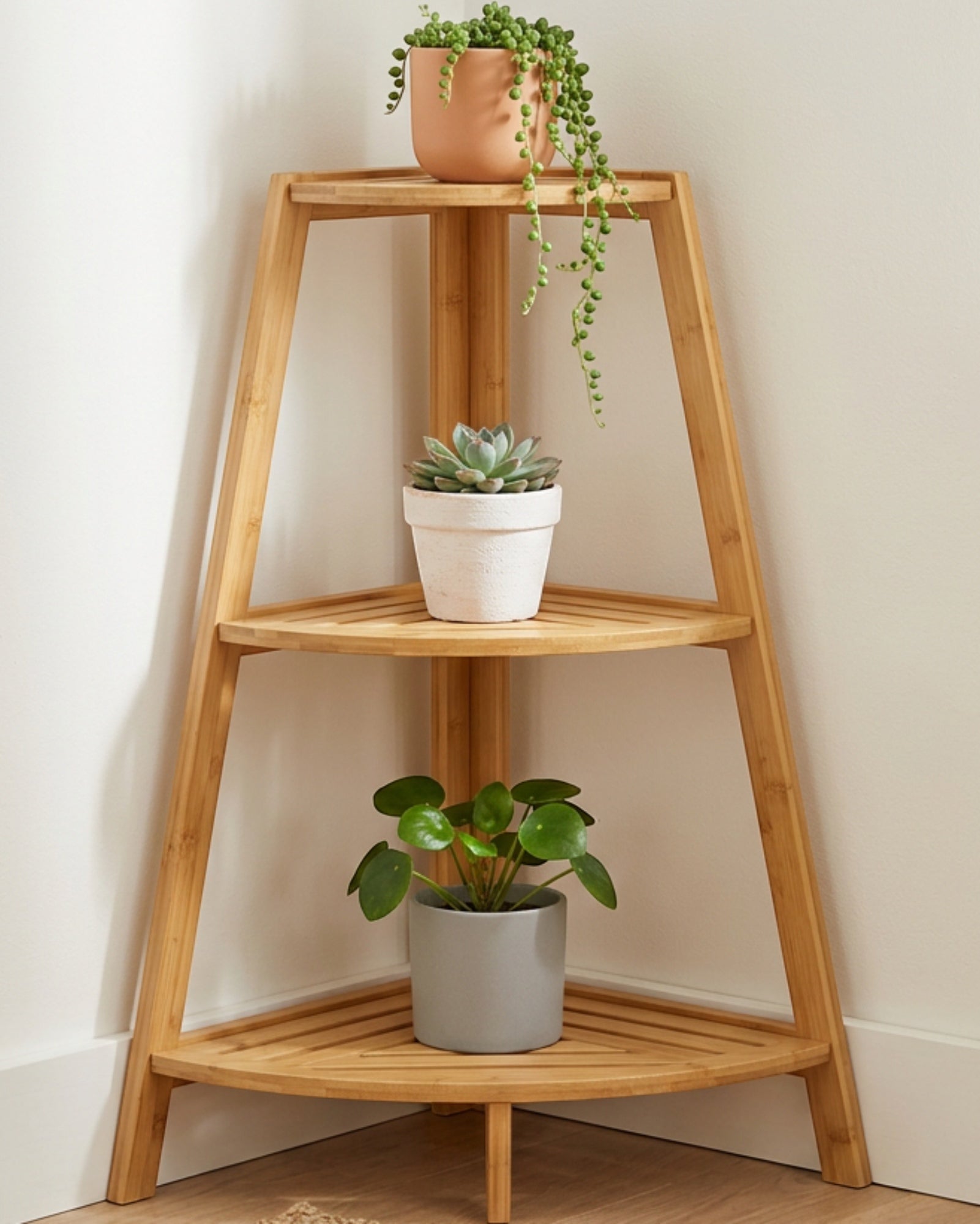 Xvoa Three-Tier Corner Bamboo Plant Stand 80 cm Natural - Lifestyle view