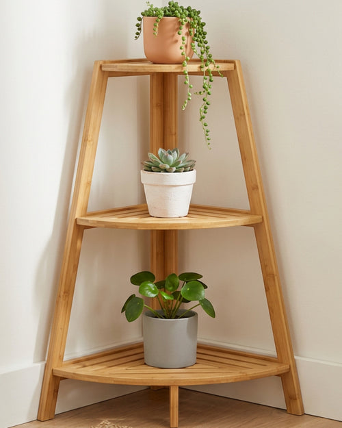 Xvoa Three-Tier Corner Bamboo Plant Stand 80 cm Natural - Lifestyle view