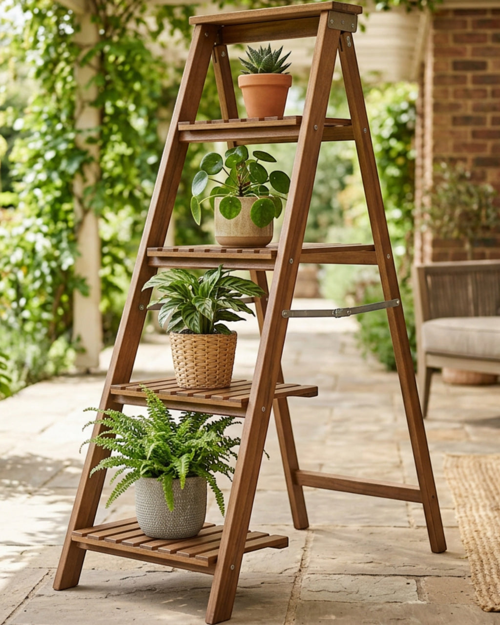 Xvoa Folding Four-Tier Wooden Ladder Plant Stand 110 cm Walnut - Lifestyle view