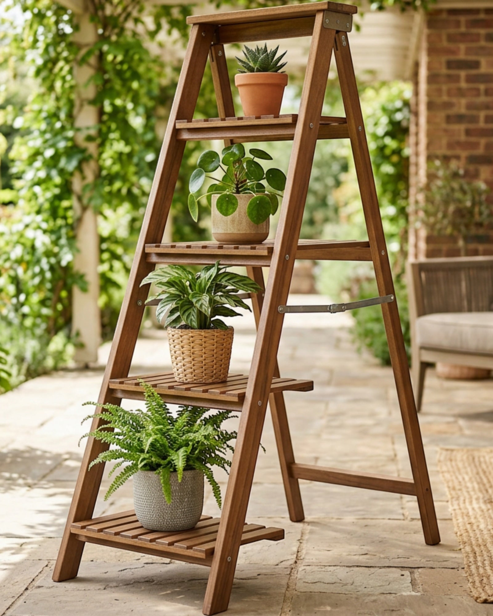 Xvoa Folding Four-Tier Wooden Ladder Plant Stand 110 cm Walnut - Lifestyle view