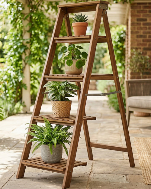 Xvoa Folding Four-Tier Wooden Ladder Plant Stand 110 cm Walnut - Lifestyle view